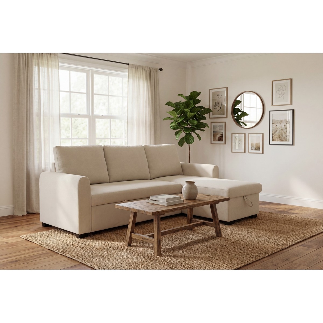 סלון פינתי מודולרי נפתח למיטה כולל ארגז מצעים דגם סלינה SELINA בז'