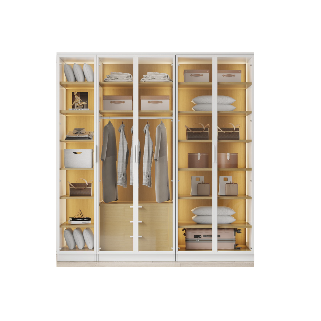 ארון בגדים 5 דלתות זכוכית עם תאורת LED רוחב 200 סדרת איטליה דגם לוקה לבן משולב עץ טבעי | מבית WOODY