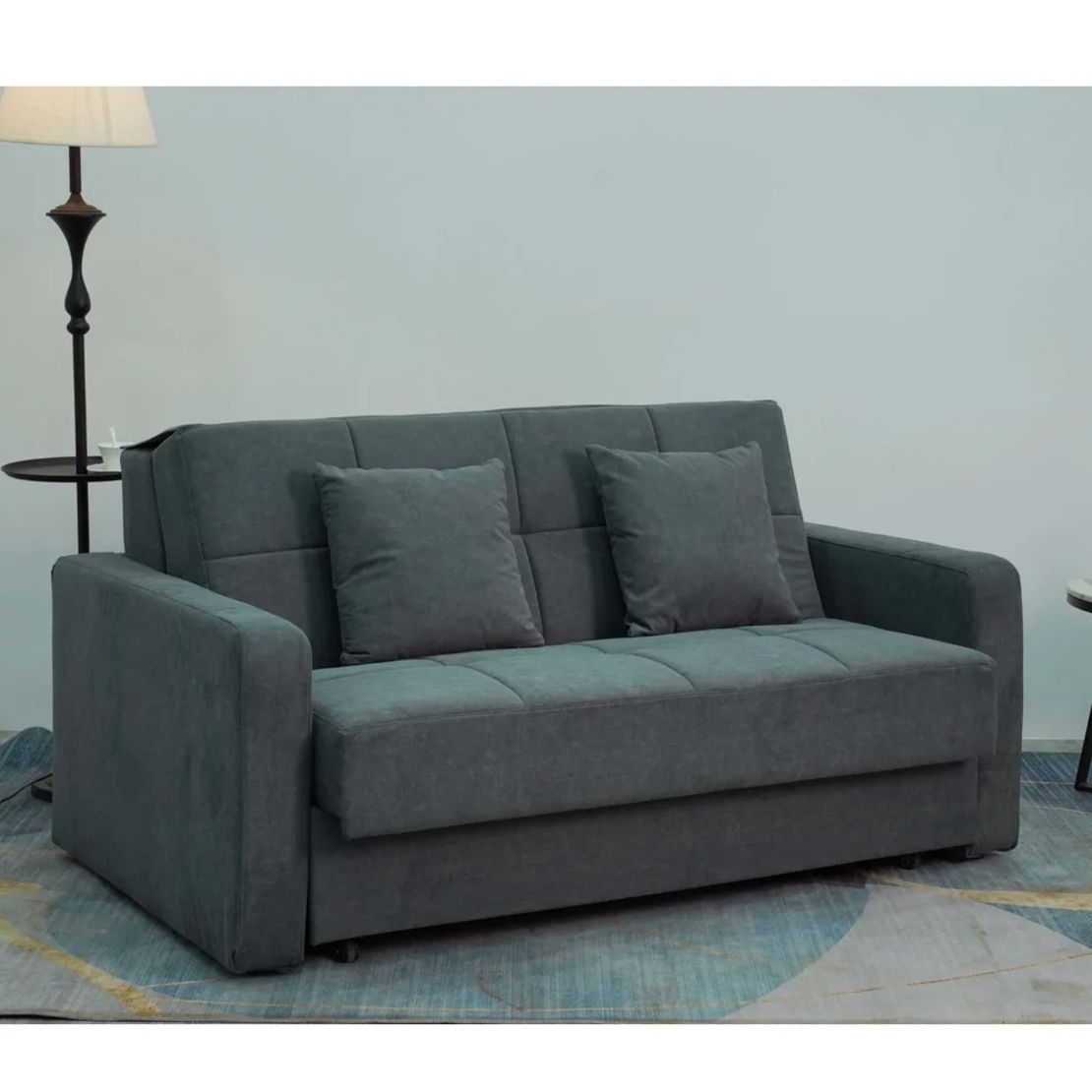 ספה מעוצבת נפתחת למיטה זוגית עם ארגז מצעים בבד קטיפתי דגם מאיה אפור