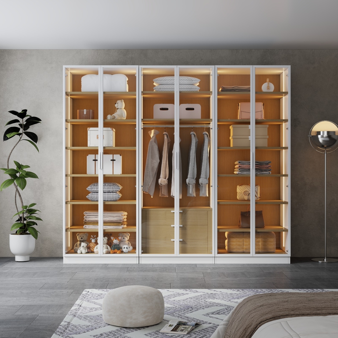 ארון בגדים 6 דלתות זכוכית עם תאורת LED רוחב 240 סדרת איטליה דגם רומא לבן משולב עץ טבעי | מבית WOODY