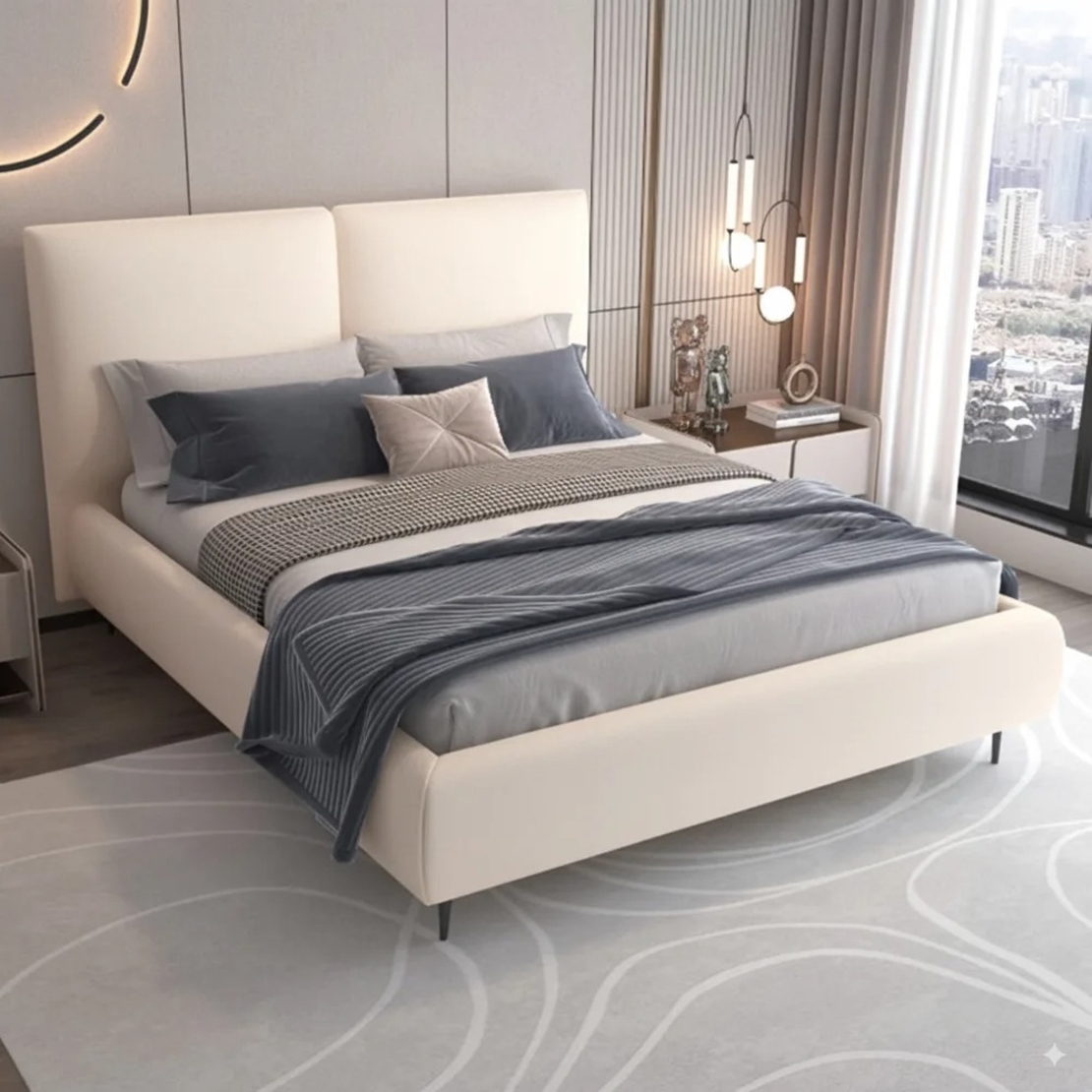 מיטה זוגית מעוצבת ריפוד בד קטיפתי עם ארגז מצעים מעץ דגם מליסה קרם