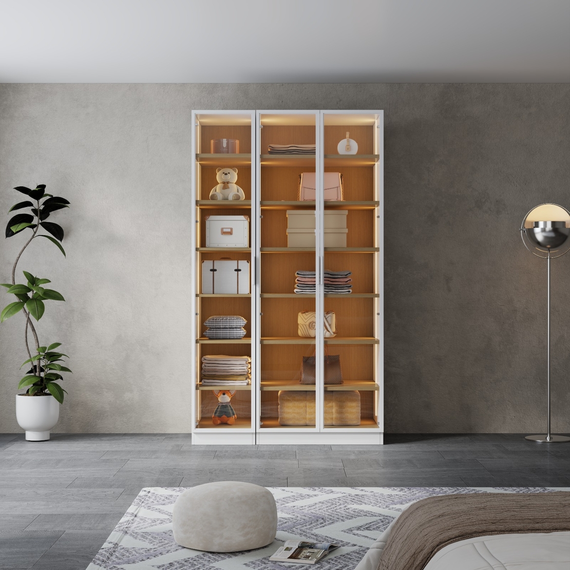 ארון בגדים 3 דלתות זכוכית עם תאורת LED רוחב 120 סדרת איטליה דגם אלגרו לבן משולב עץ טבעי | מבית WOODY