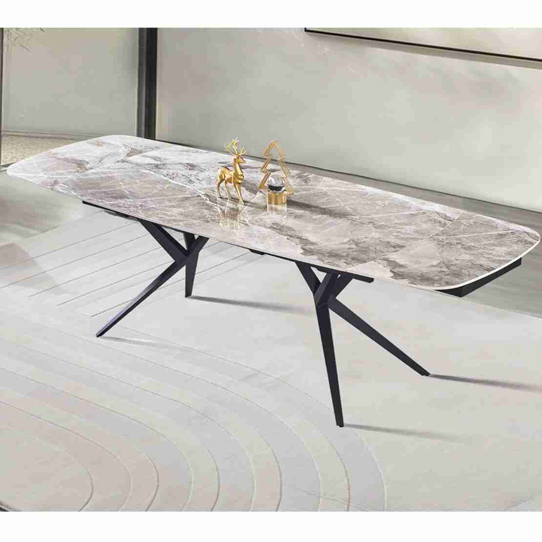 שולחן אוכל אבן קרמית באורך 1.8 מ' נפתח ל- 2.6 מ' עם רגלי ברזל דגם טרנד