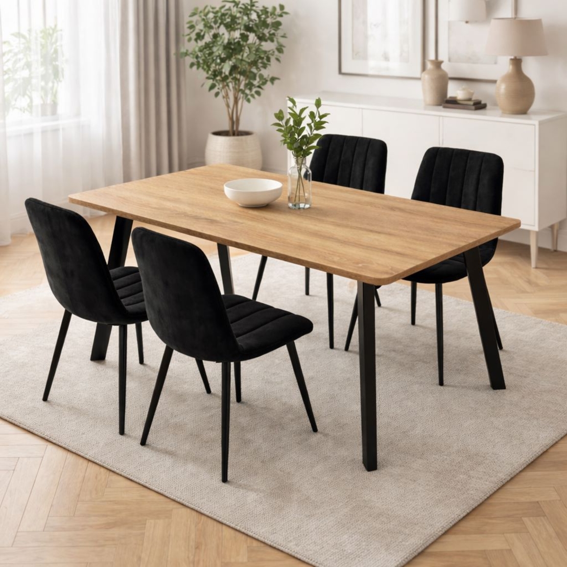 פינת אוכל קומפקטית הכוללת שולחן אוכל ו- 4 כיסאות מרופדים בגוון שחור דגם גולן-ריביירה