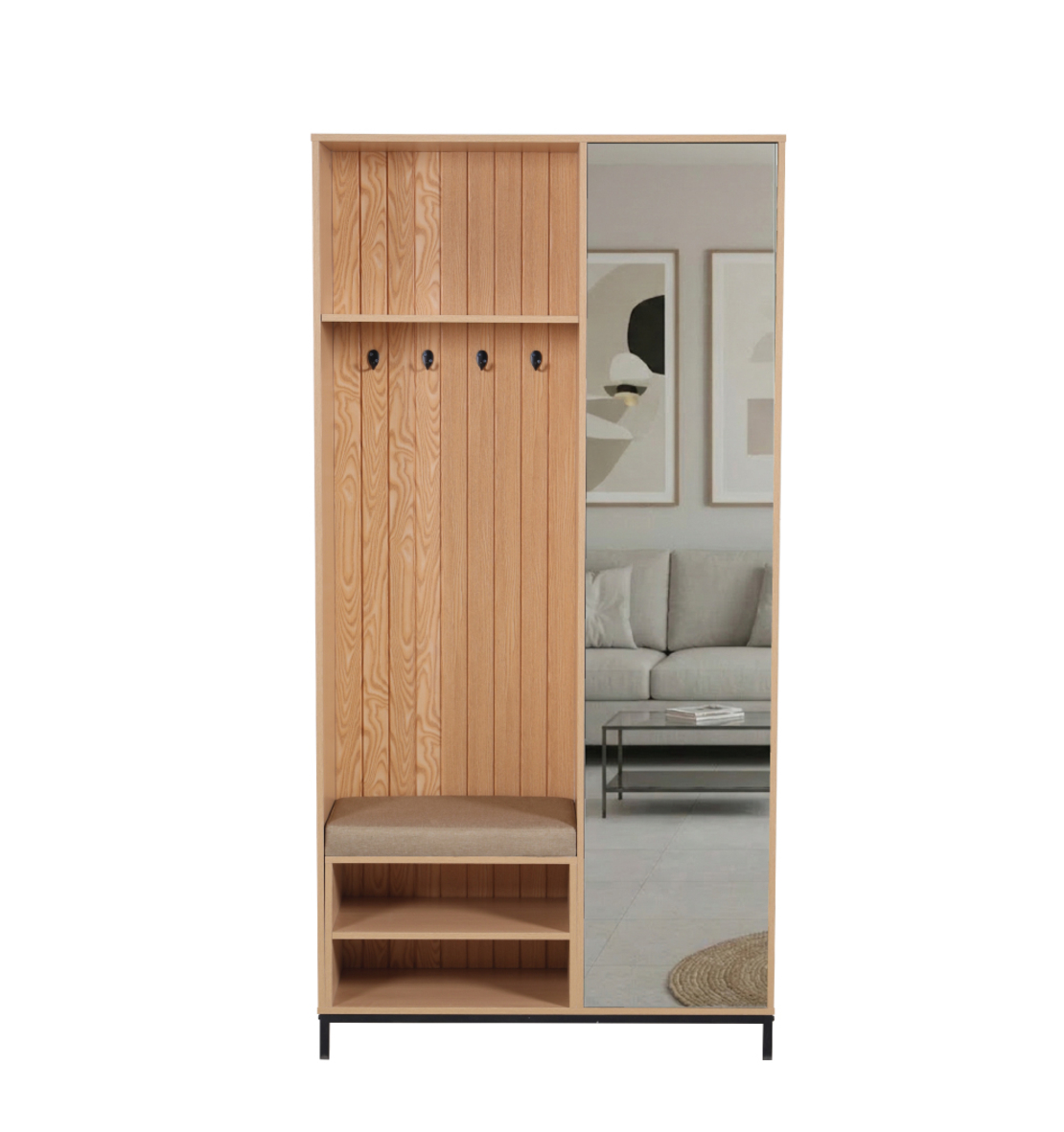 ארון כניסה מעוצב רוחב 100 כולל ספסל ישיבה ומראה דגם טוקיו Tokyo אלון | מבית WOODY