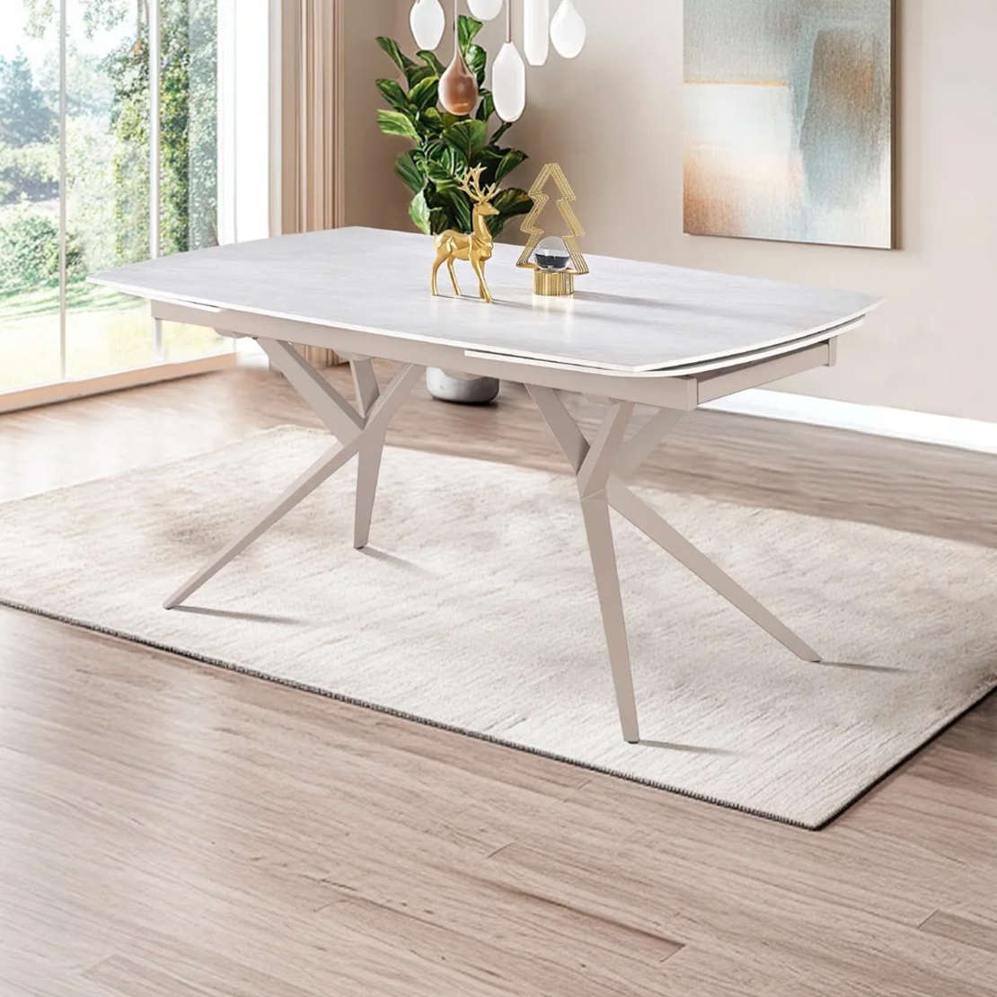 שולחן אוכל אבן קרמית באורך 1.6 מ' נפתח ל- 2.4 מ' עם רגלי ברזל דגם טוויסט