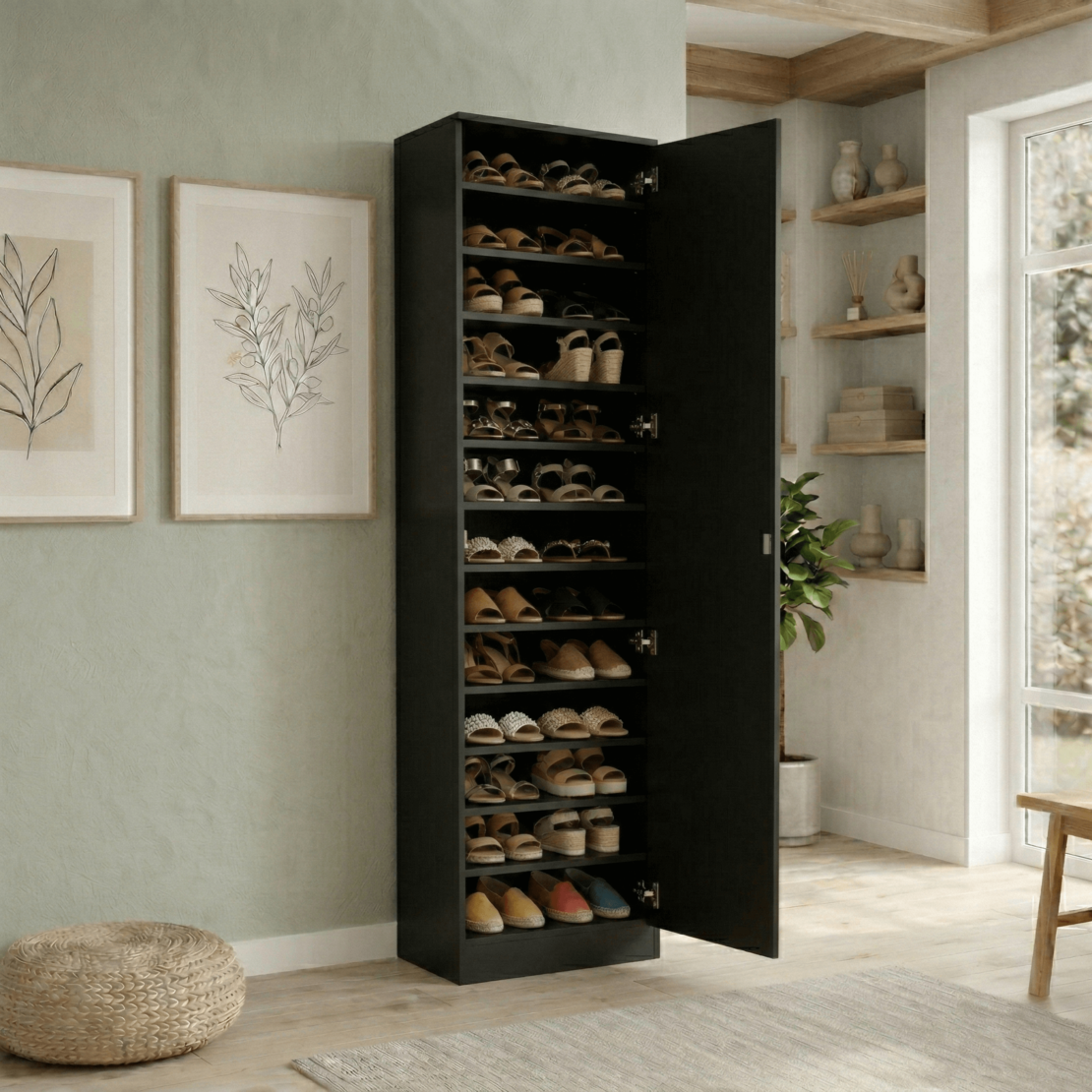 ארון נעליים 13 תאים מעוצב 45×200 עם מראה דגם ריו Rio שחור | מבית WOODY