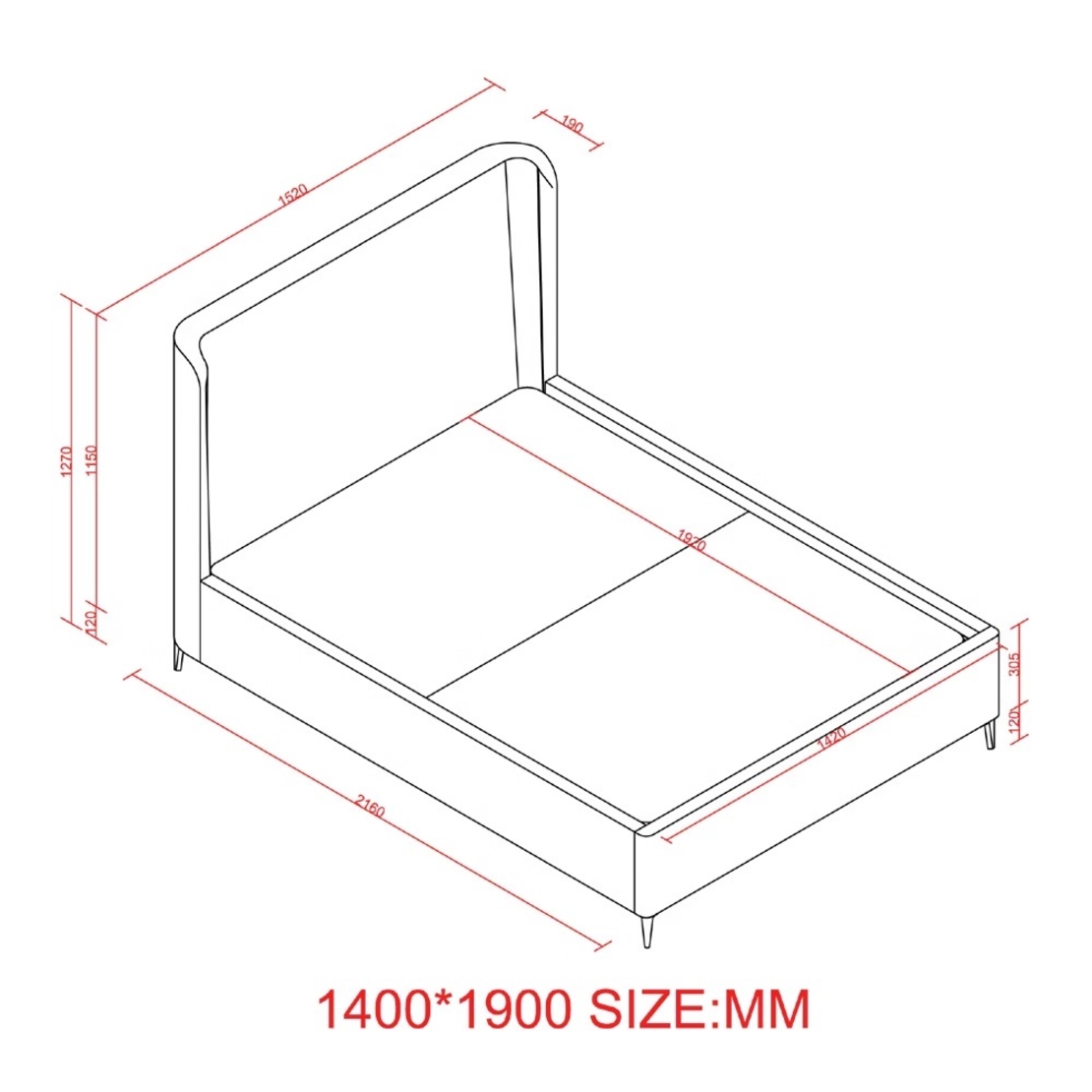 מיטה זוגית מעוצבת ריפוד בד בוקלה עם ארגז מצעים מעץ דגם בובה אפור בהיר
