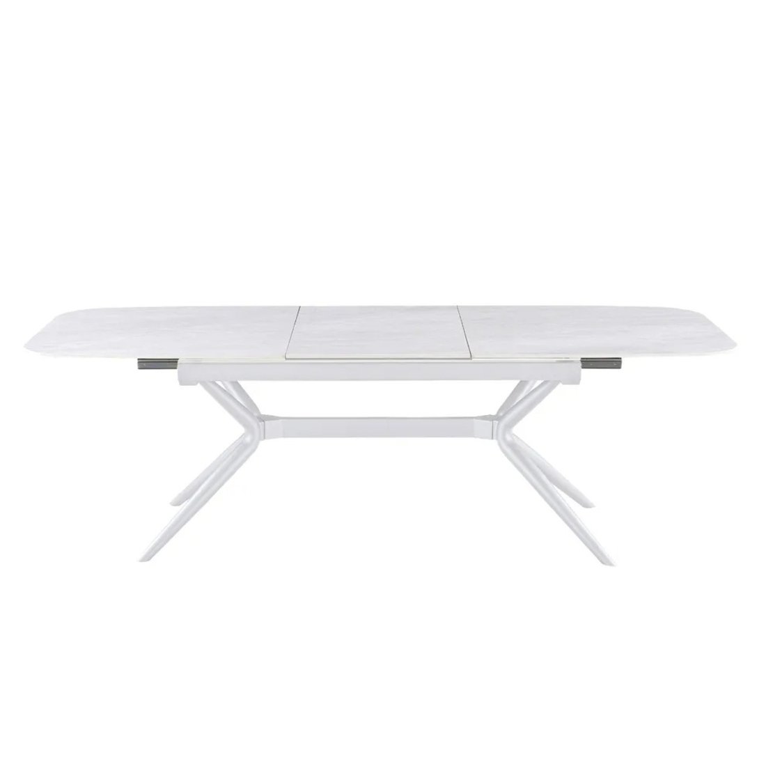 שולחן אוכל אבן קרמית באורך 1.8 מ' נפתח ל- 2.4 מ' עם רגלי ברזל דגם חץ אבן