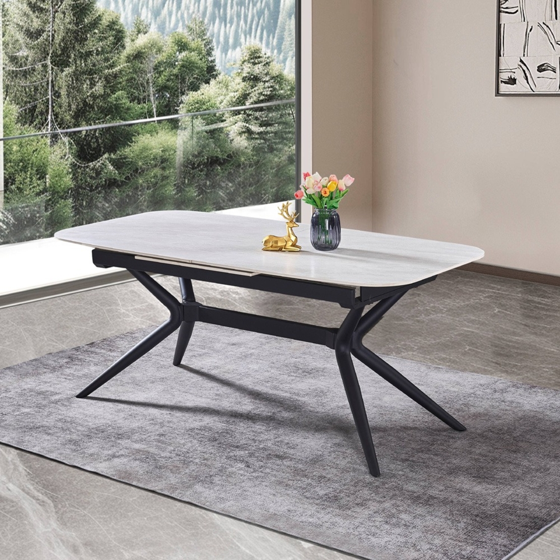 שולחן אוכל אבן קרמית באורך 1.8 מ' נפתח ל- 2.4 מ' עם רגלי ברזל דגם חץ סהרה