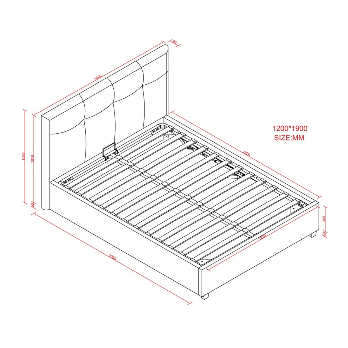 מיטה וחצי למזרן 120×190 מרופדת בד קטיפתי עם ארגז מצעים מעץ דגם ענבל אפור