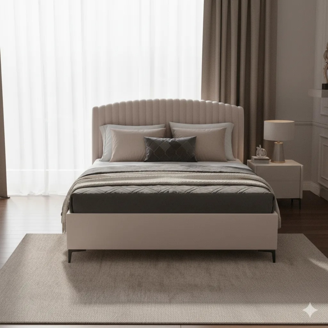 מיטה זוגית מעוצבת ריפוד בד רחיץ עם ארגז מצעים מעץ דגם זואי אבן