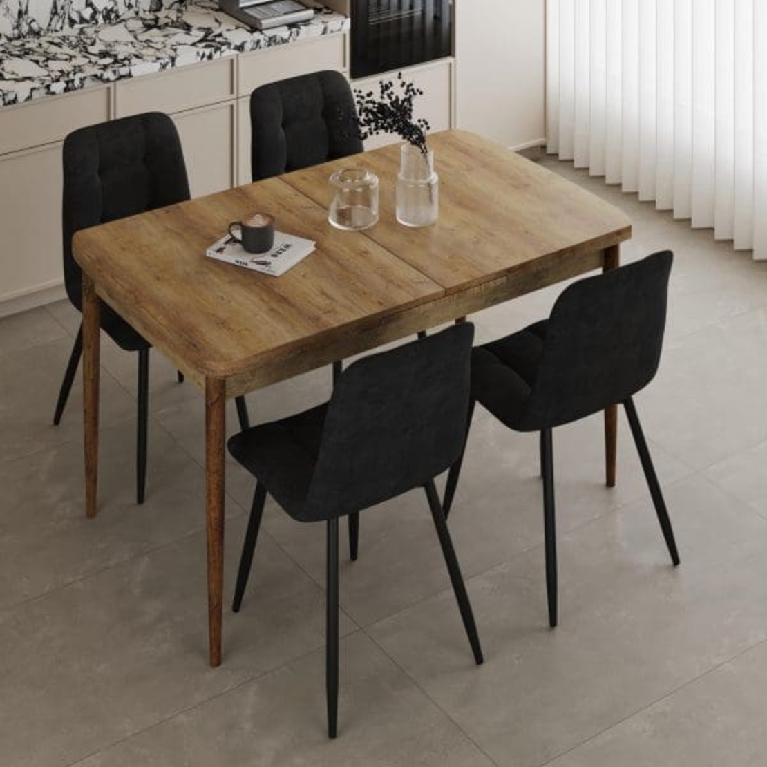 פינת אוכל מלבנית נפתחת מעץ איכותי כולל 4 כסאות דגם מלטה