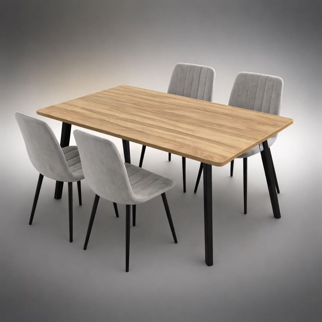 פינת אוכל קומפקטית הכוללת שולחן אוכל ו- 4 כיסאות מרופדים בגוון אפור בהיר דגם גולן-ריביירה