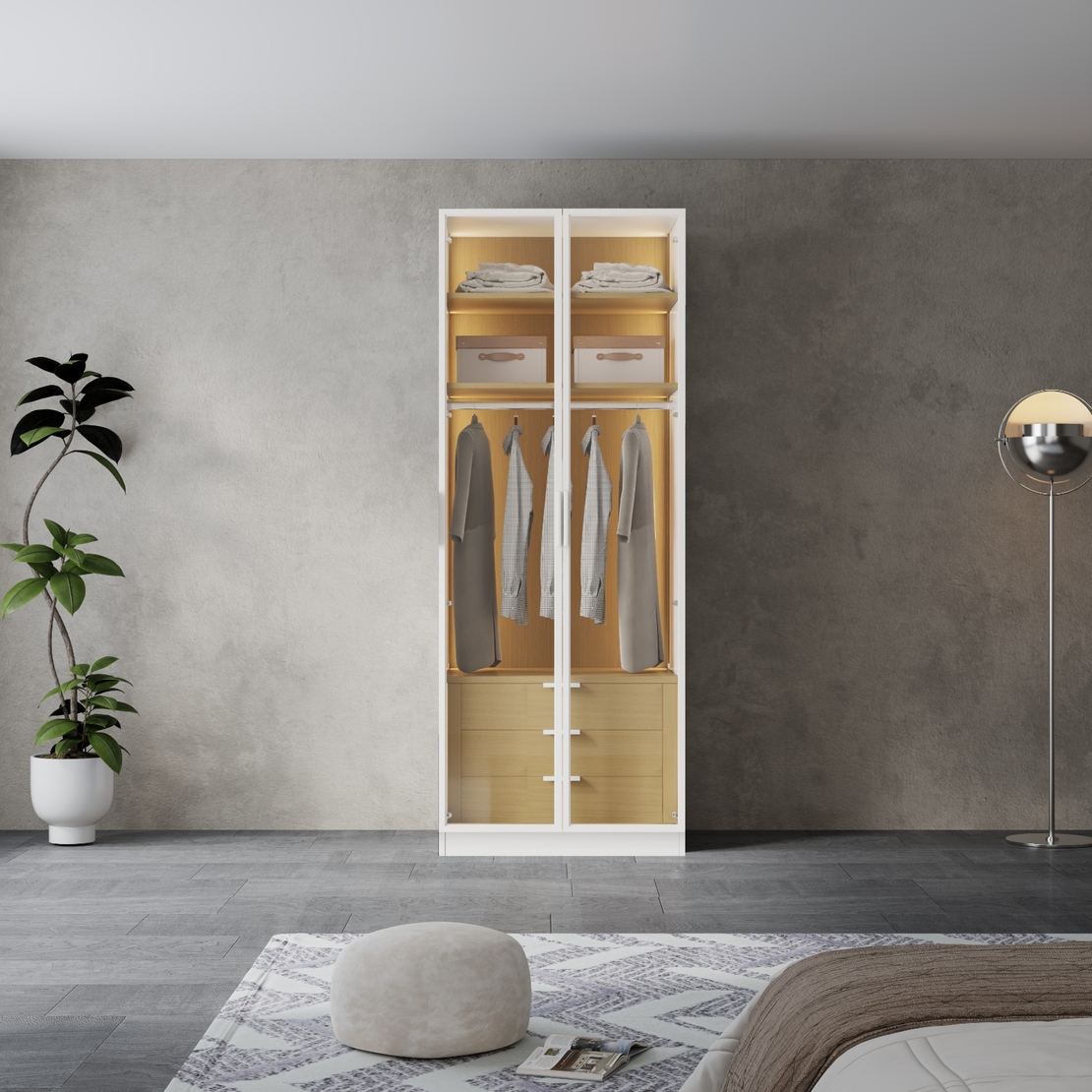 ארון בגדים 2 דלתות זכוכית עם תאורת LED רוחב 80 דגם מילאנו לבן משולב עץ טבעי | מבית WOODY