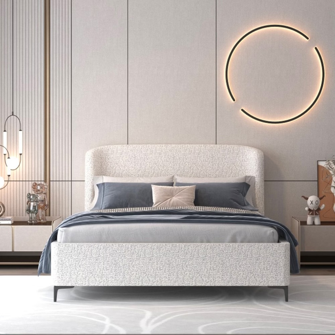 מיטה זוגית מעוצבת ריפוד בד בוקלה עם ארגז מצעים מעץ דגם בובה אפור בהיר