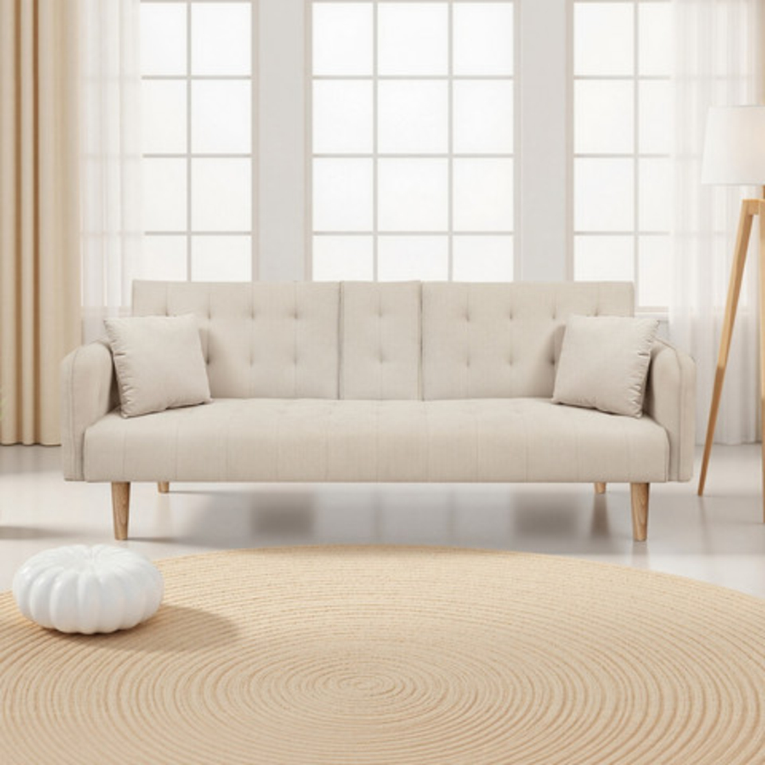 ספה תלת מושבית נפתחת למיטה עם משענת יד פונקציונלית לכוסות וטעינה מובנת דגם מאצו MEZZO חום בהיר (בז')