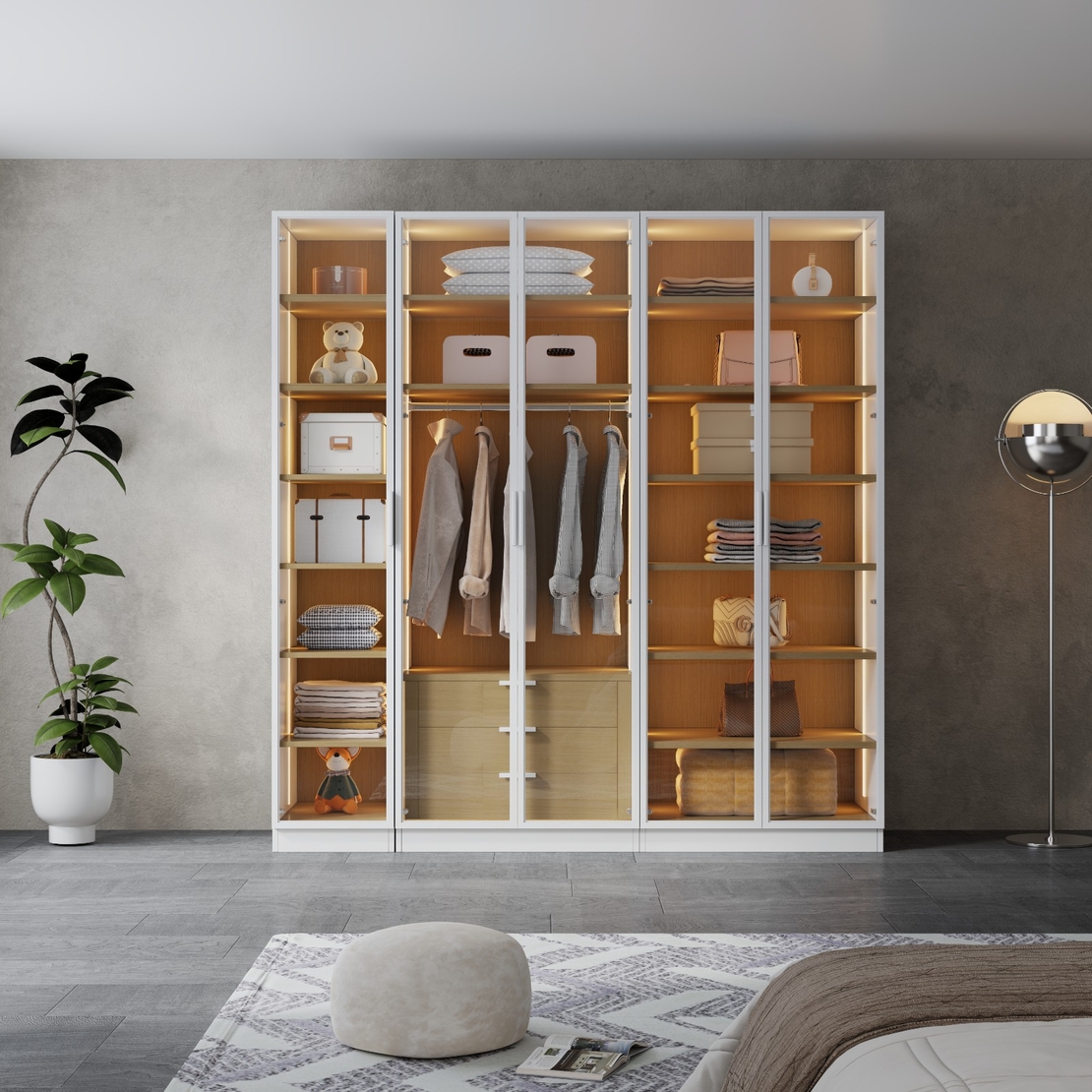 ארון בגדים 5 דלתות זכוכית עם תאורת LED רוחב 200 סדרת איטליה דגם לוקה לבן משולב עץ טבעי | מבית WOODY