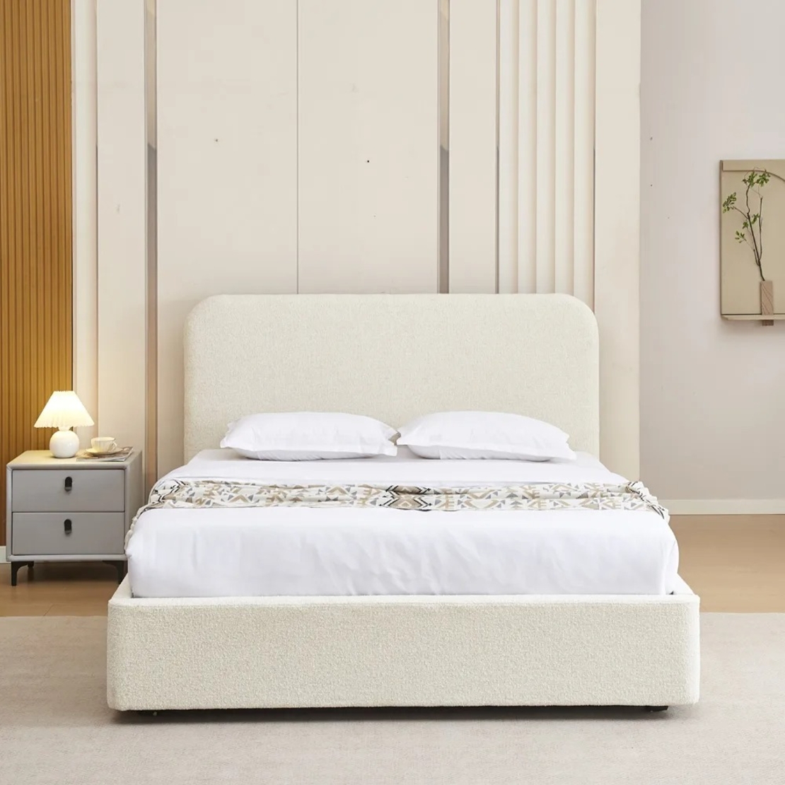 מיטה זוגית מעוצבת בריפוד בד בוקלה עם ארגז מצעים מעץ דגם נוגה שמנת