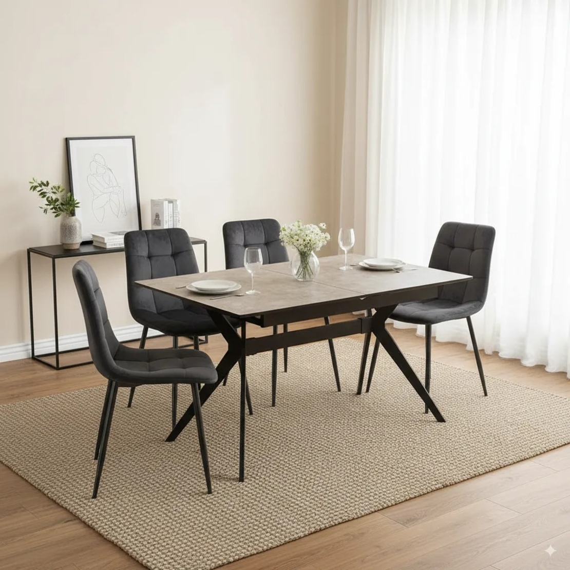 פינת אוכל נפתחת 1.2-2.0 מ' עם 4 כסאות דגם סנטוריני אפור-רוז