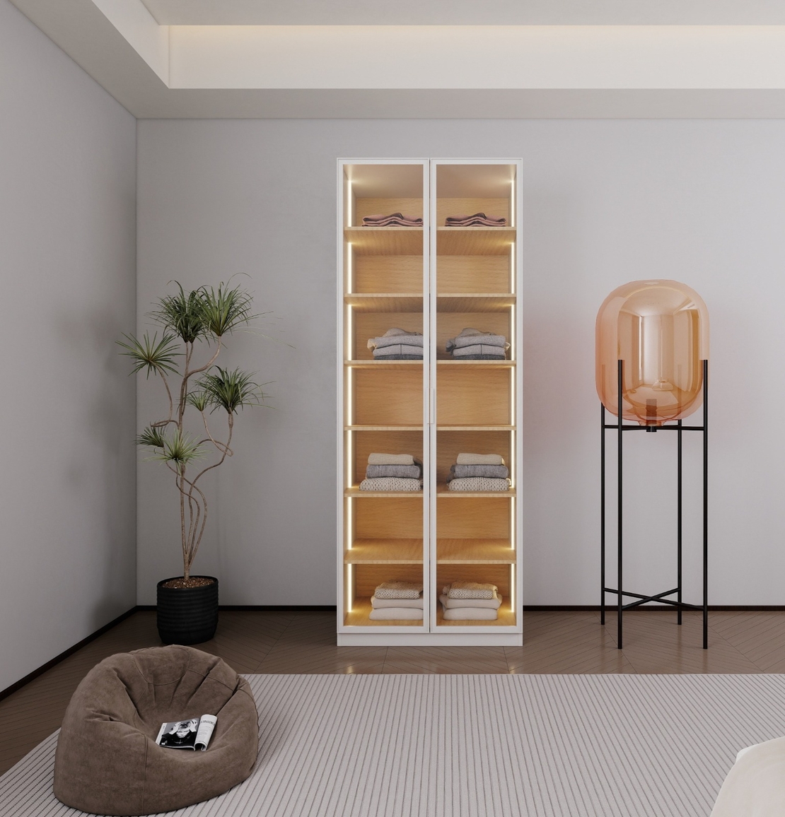 ארון בגדים 2 דלתות זכוכית עם תאורת LED רוחב 80 דגם ונציה לבן משולב עץ טבעי | מבית WOODY