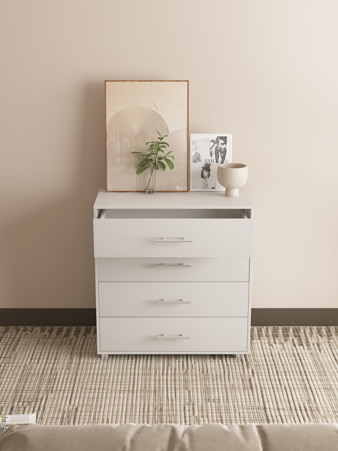 שידת 4 מגירות רחבה בגוון לבן דגם OPAL אופאל