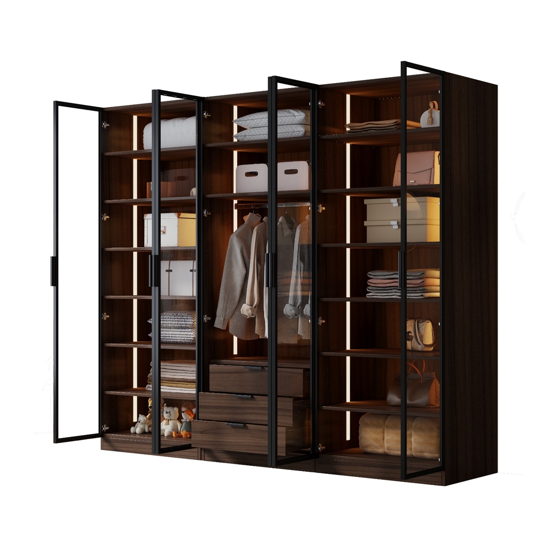 ארון בגדים 6 דלתות זכוכית עם תאורת LED רוחב 240 סדרת איטליה דגם רומא חום כהה | מבית WOODY