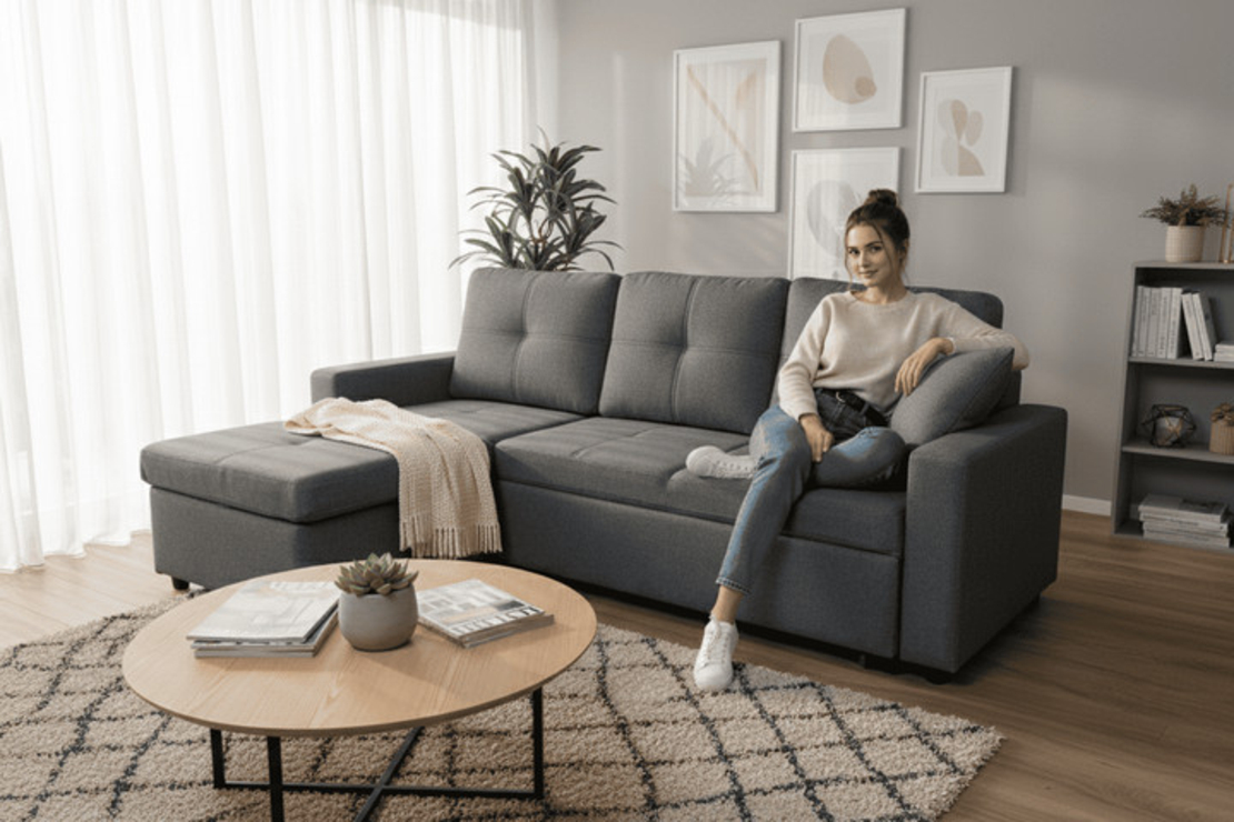 ספה פינתית עם ארגז מצעים דגם מודנה Modena אפור כהה