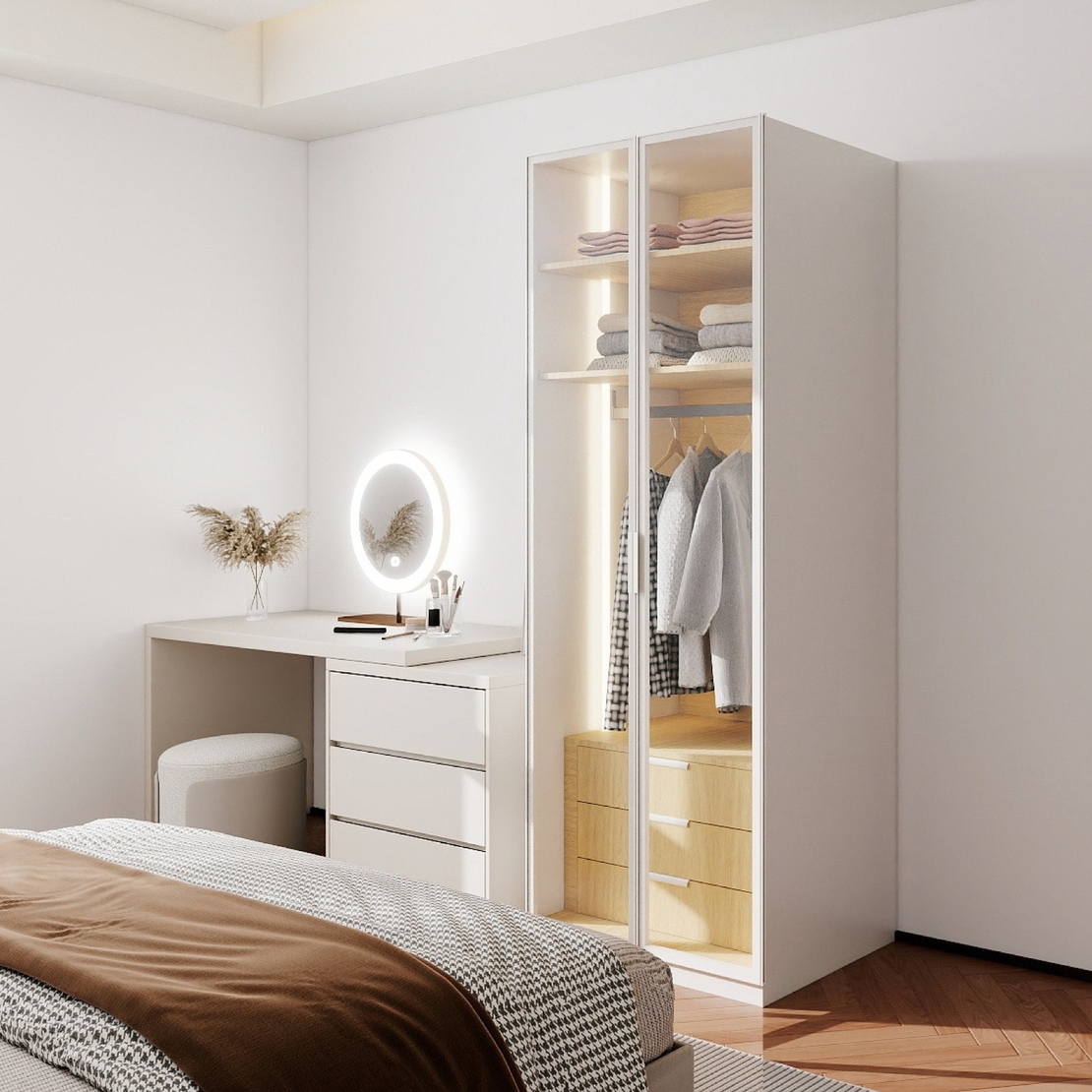 ארון בגדים 2 דלתות זכוכית עם תאורת LED רוחב 80 דגם מילאנו לבן משולב עץ טבעי | מבית WOODY