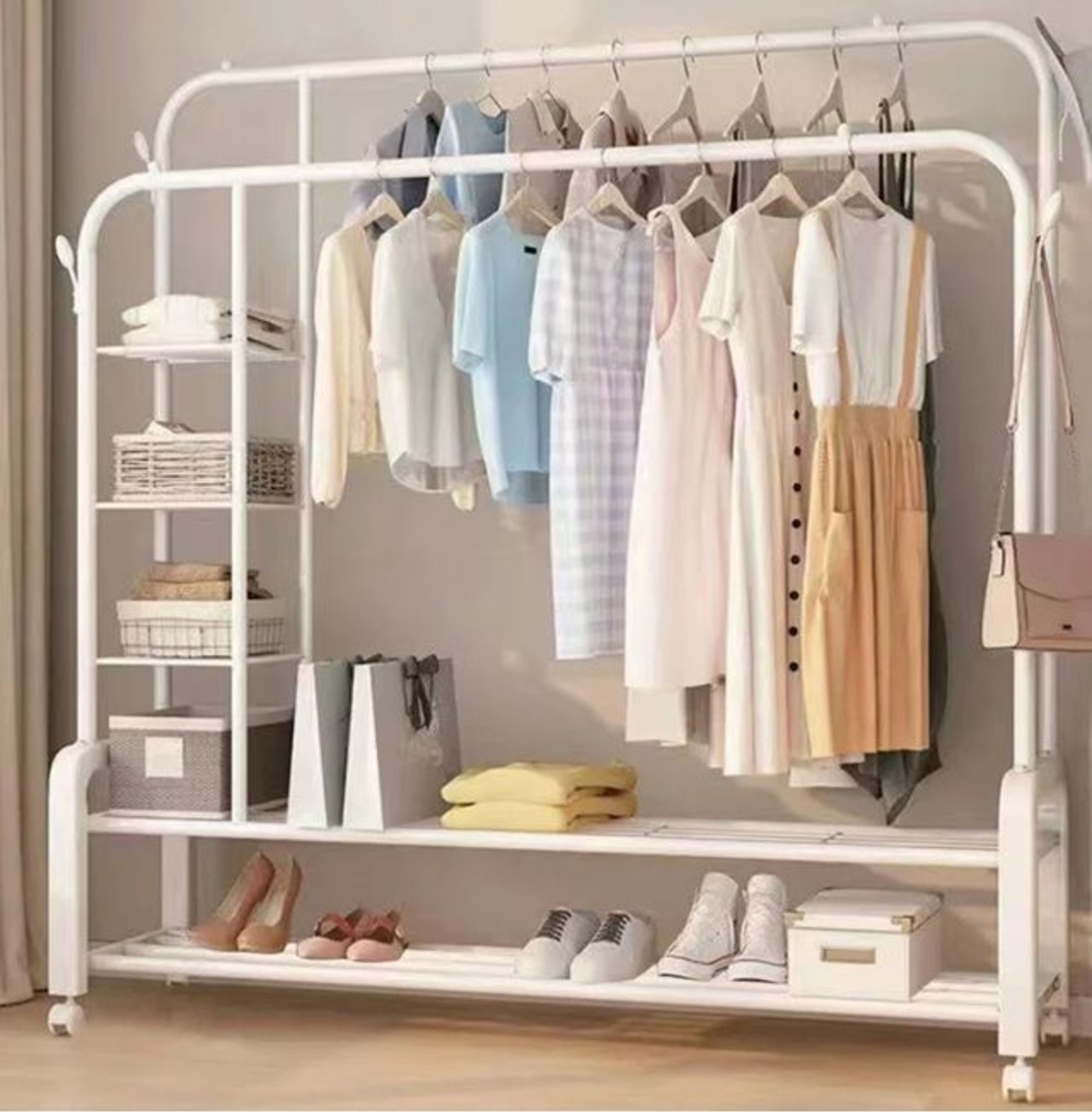 מתלה בגדים אקסטרה מתכתי כפול כולל מדפים לבן