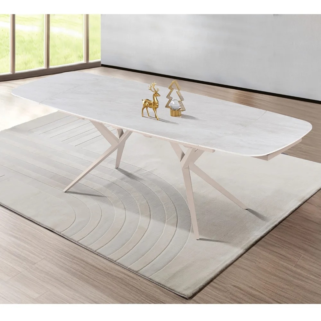 שולחן אוכל אבן קרמית באורך 1.6 מ' נפתח ל- 2.4 מ' עם רגלי ברזל דגם טוויסט