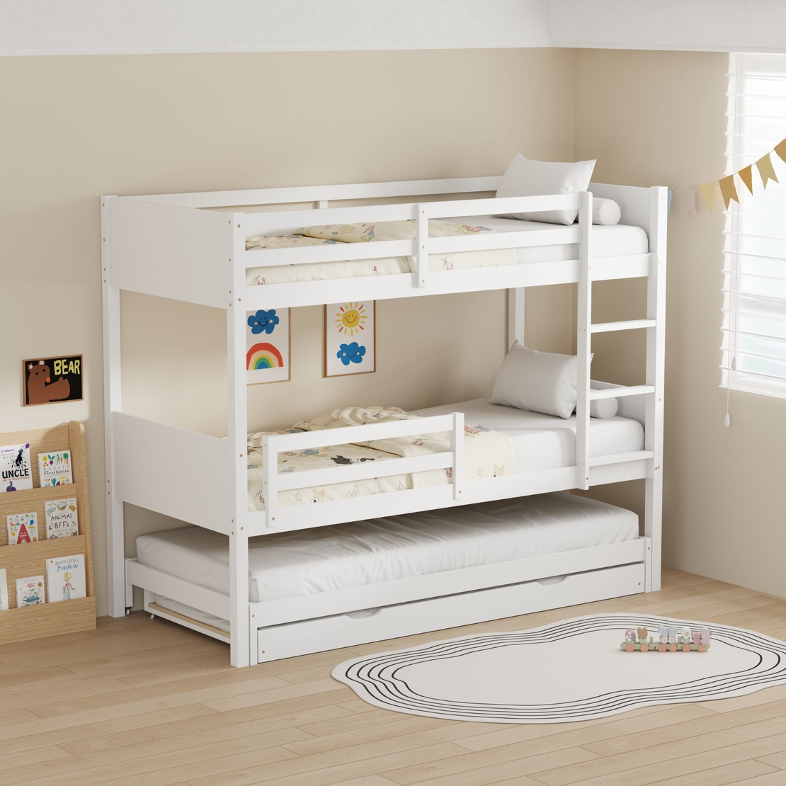 מיטת קומתיים מעץ מלא ואיכותי כולל 2 מיטות חבר ו 4 מזרנים דגם ביל