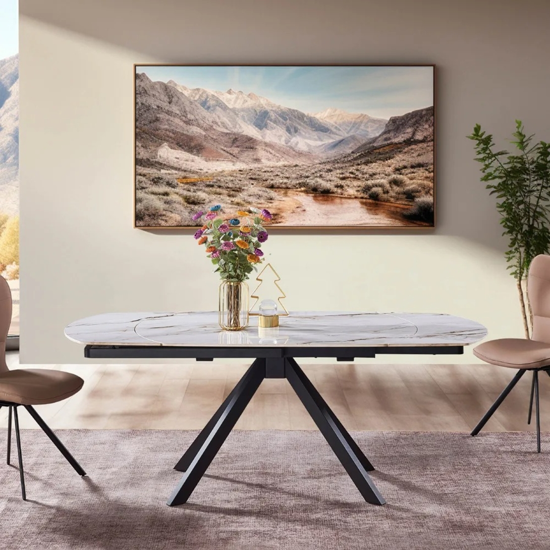 שולחן אוכל אבן קרמית נפתח עם רגלי ברזל דגם טייפון לבן