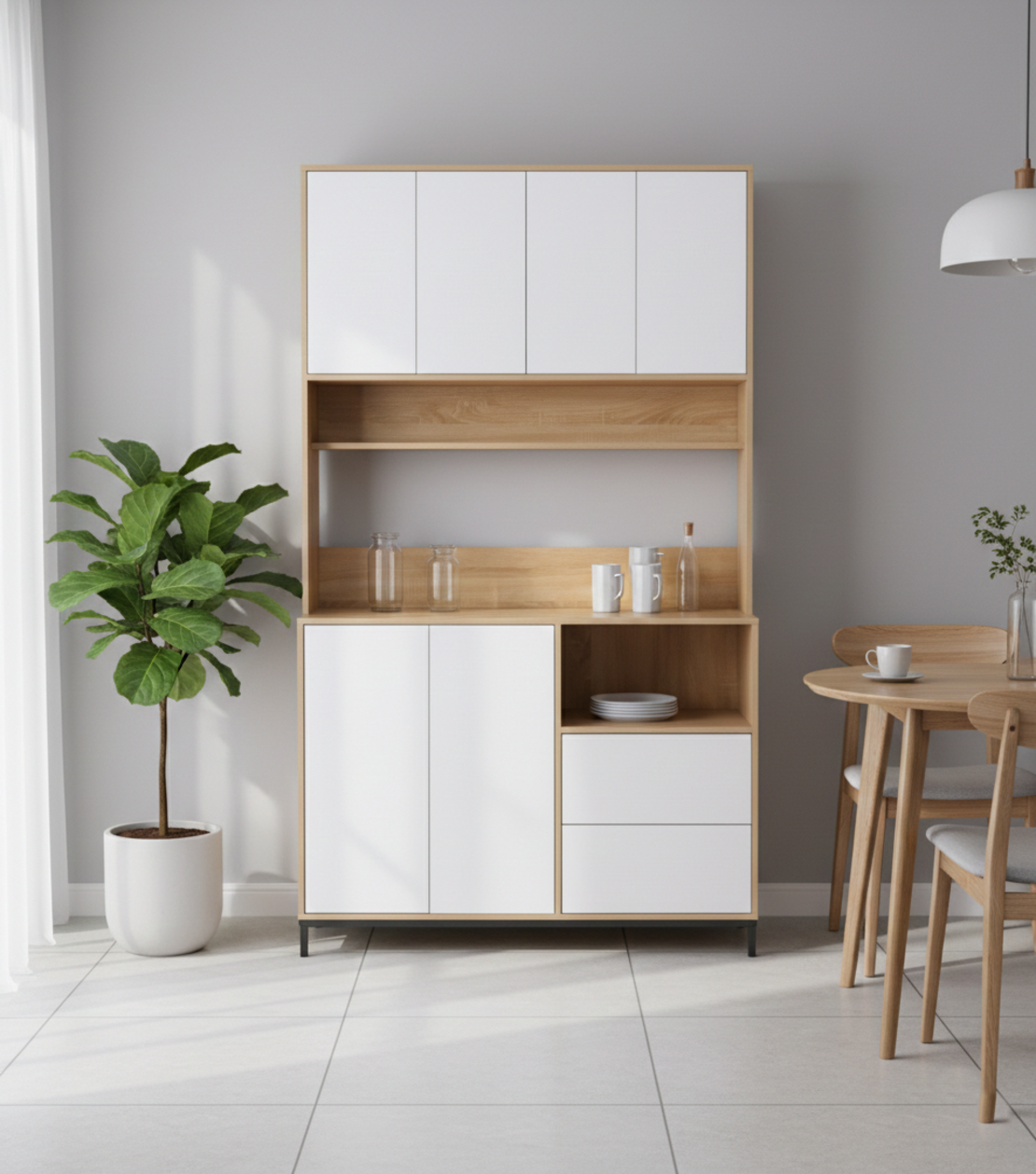 ארון שירות למטבח 120×210 עם מקום למיקרוגל דגם אוריין Orian לבן משולב עץ | מבית WOODY