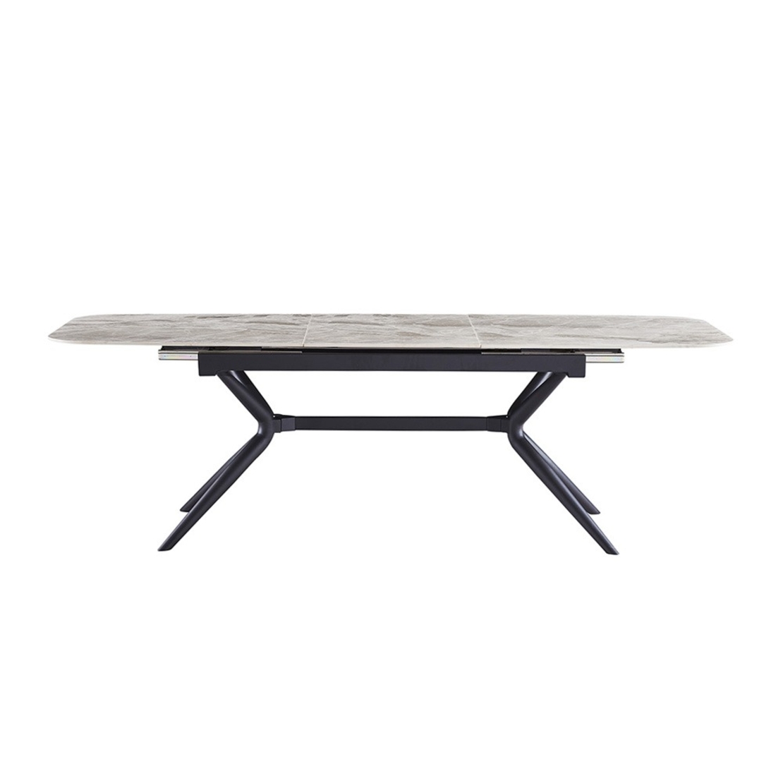 שולחן אוכל אבן קרמית באורך 1.8 מ' נפתח ל- 2.4 מ' עם רגלי ברזל דגם חץ אפור מבריק