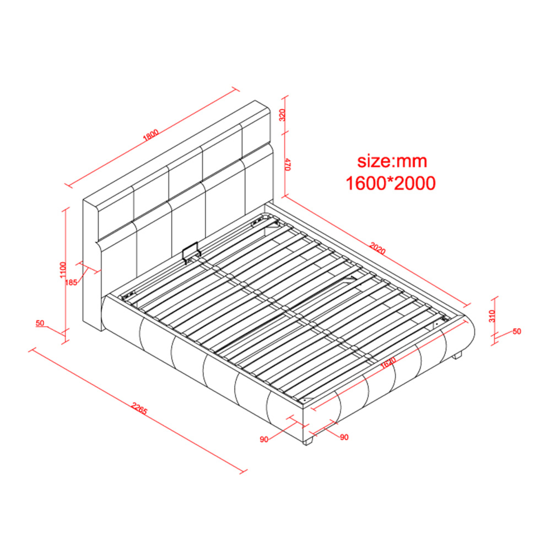 מיטה זוגית מעוצבת בריפוד בד רחיץ עם ארגז מצעים מעץ דגם קווין אבן