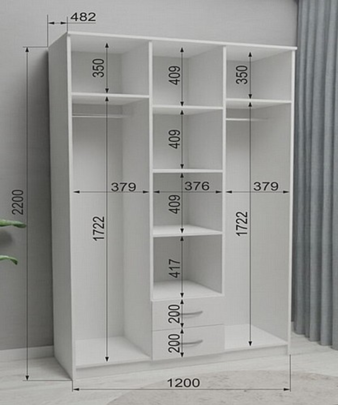 ארון בגדים 3 דלתות עם מראה דגם טריו TRIO בצבע לבן