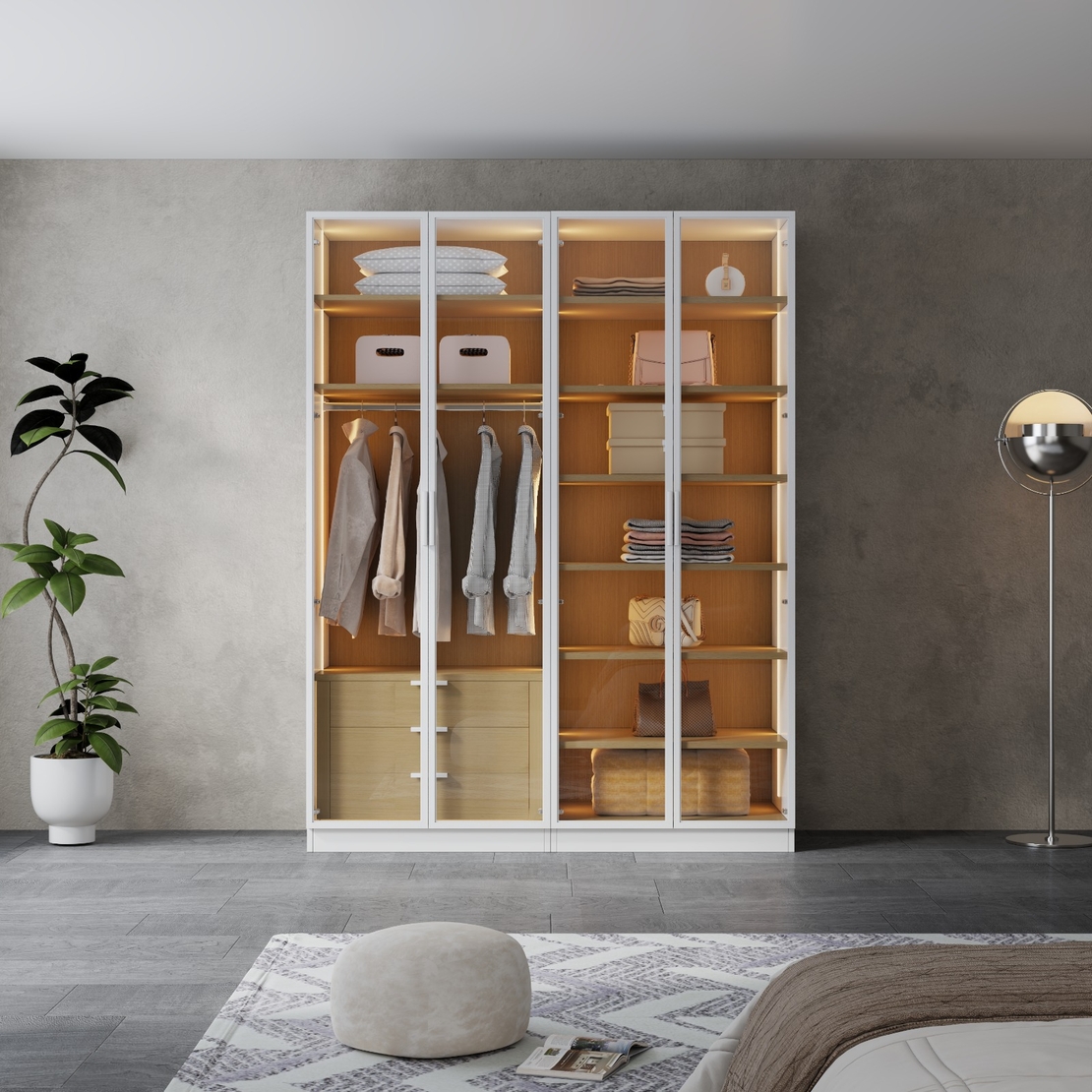 ארון בגדים 4 דלתות זכוכית עם תאורת LED רוחב 160 סדרת איטליה דגם פיזה לבן משולב עץ טבעי | מבית WOODY