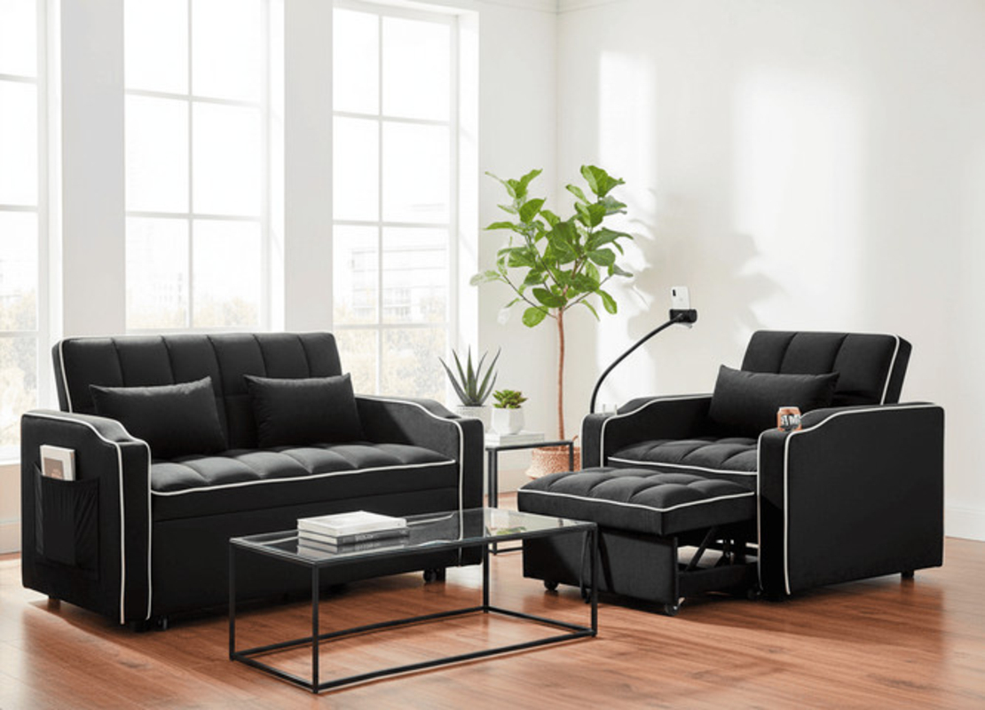 ספה נפתחת למיטה זוגית עם טעינת USB דגם לאציו LAZIO-2 שחור