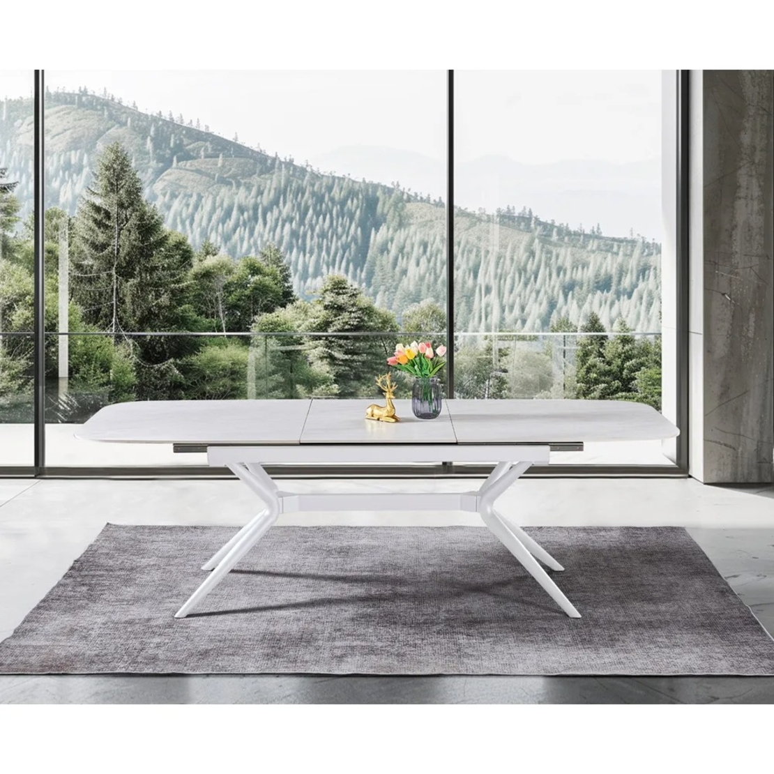 שולחן אוכל אבן קרמית באורך 1.8 מ' נפתח ל- 2.4 מ' עם רגלי ברזל דגם חץ אבן