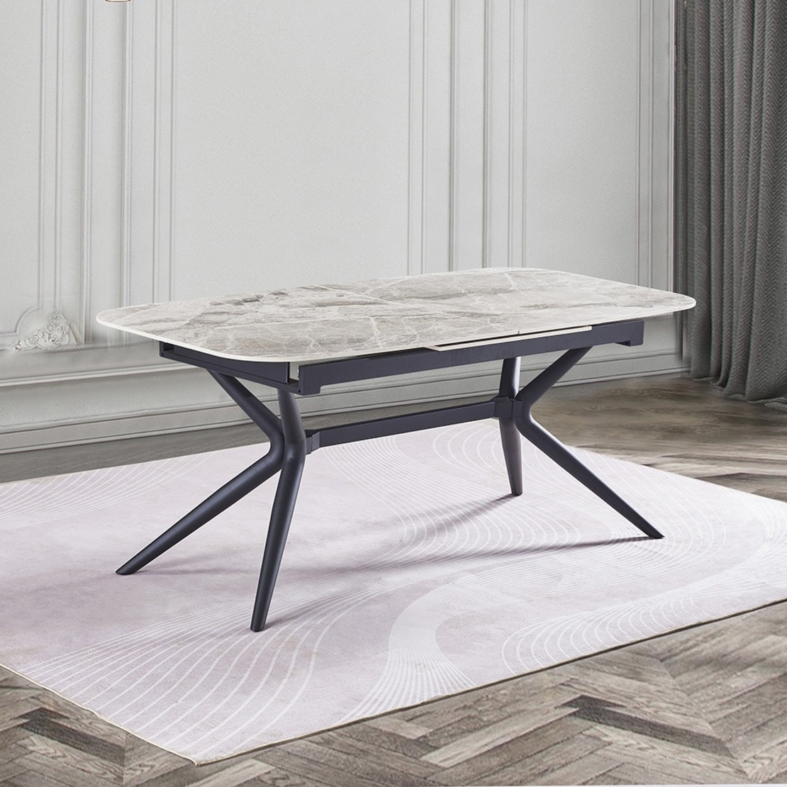 שולחן אוכל אבן קרמית באורך 1.8 מ' נפתח ל- 2.4 מ' עם רגלי ברזל דגם חץ אפור מבריק