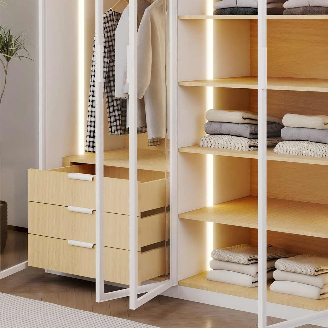 ארון בגדים 4 דלתות זכוכית עם תאורת LED רוחב 160 סדרת איטליה דגם פיזה לבן משולב עץ טבעי | מבית WOODY