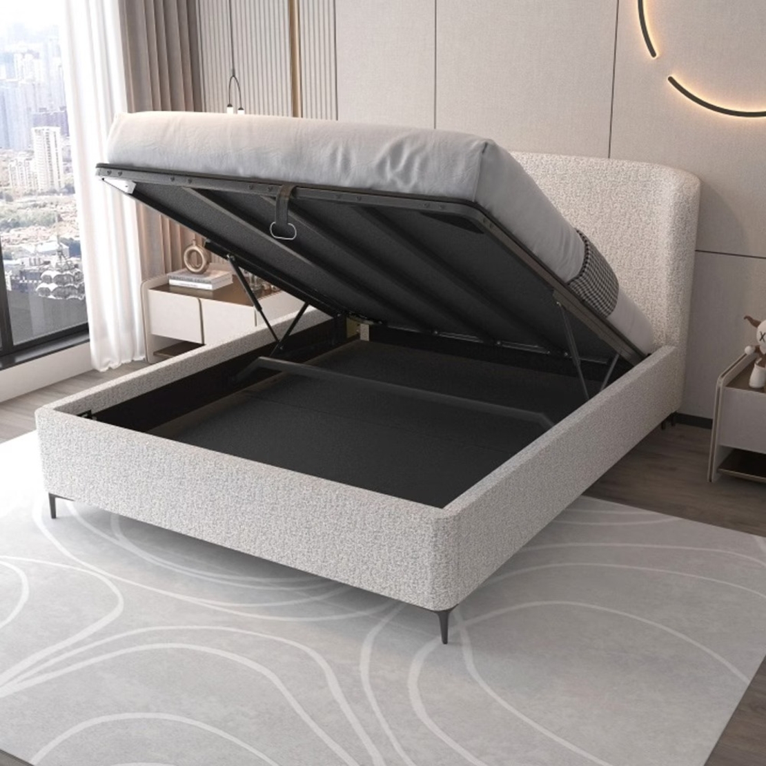 מיטה זוגית מעוצבת ריפוד בד בוקלה עם ארגז מצעים מעץ דגם בובה אפור בהיר