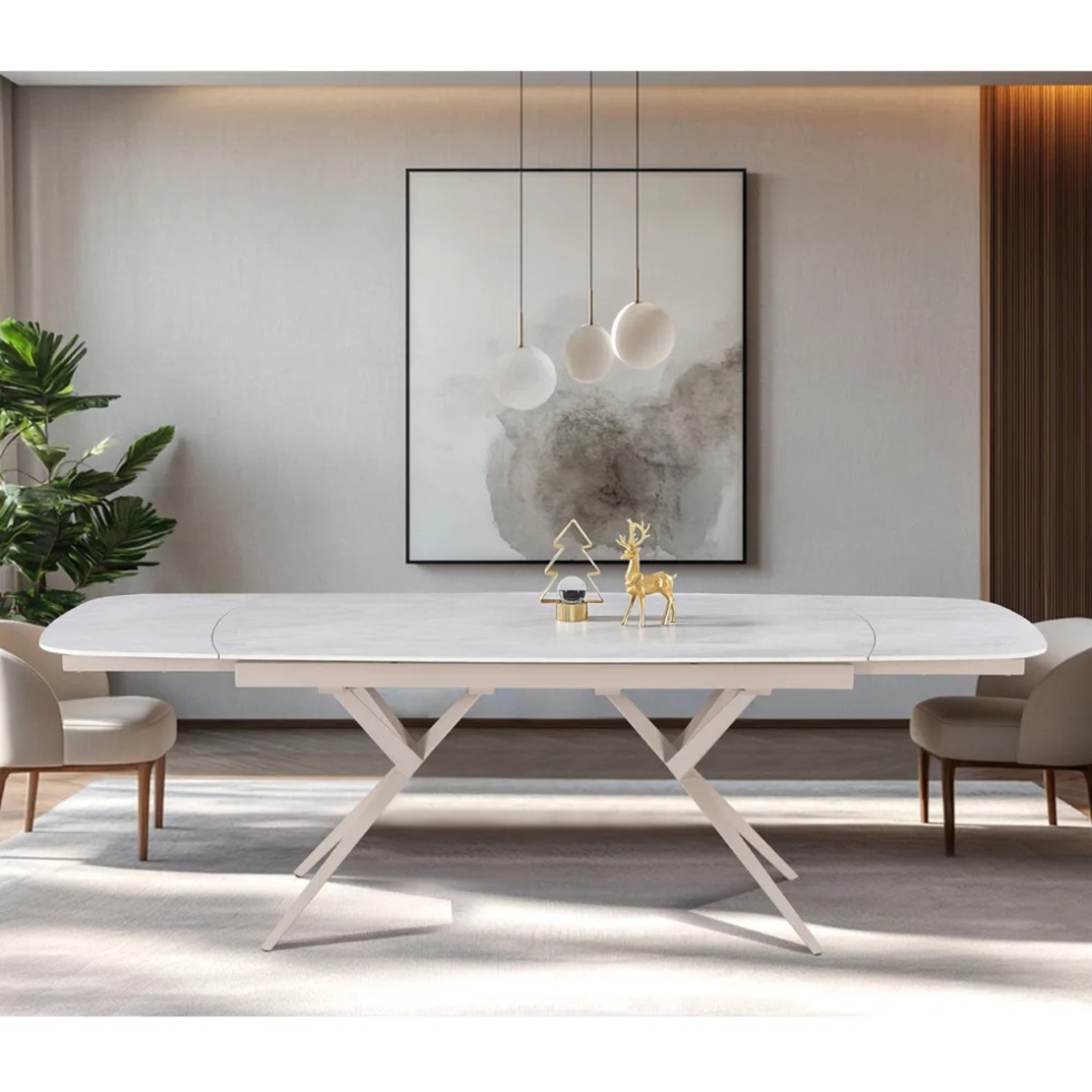 שולחן אוכל אבן קרמית באורך 1.6 מ' נפתח ל- 2.4 מ' עם רגלי ברזל דגם טוויסט