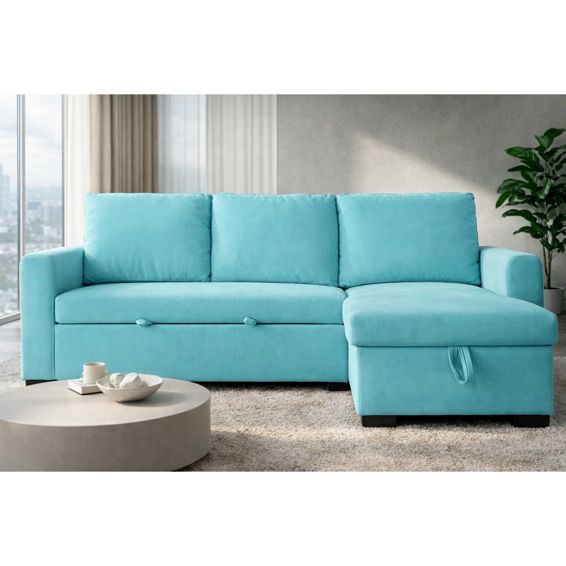 סלון פינתי מודולרי נפתח למיטה כולל ארגז מצעים דגם סלינה SELINA טורקיז