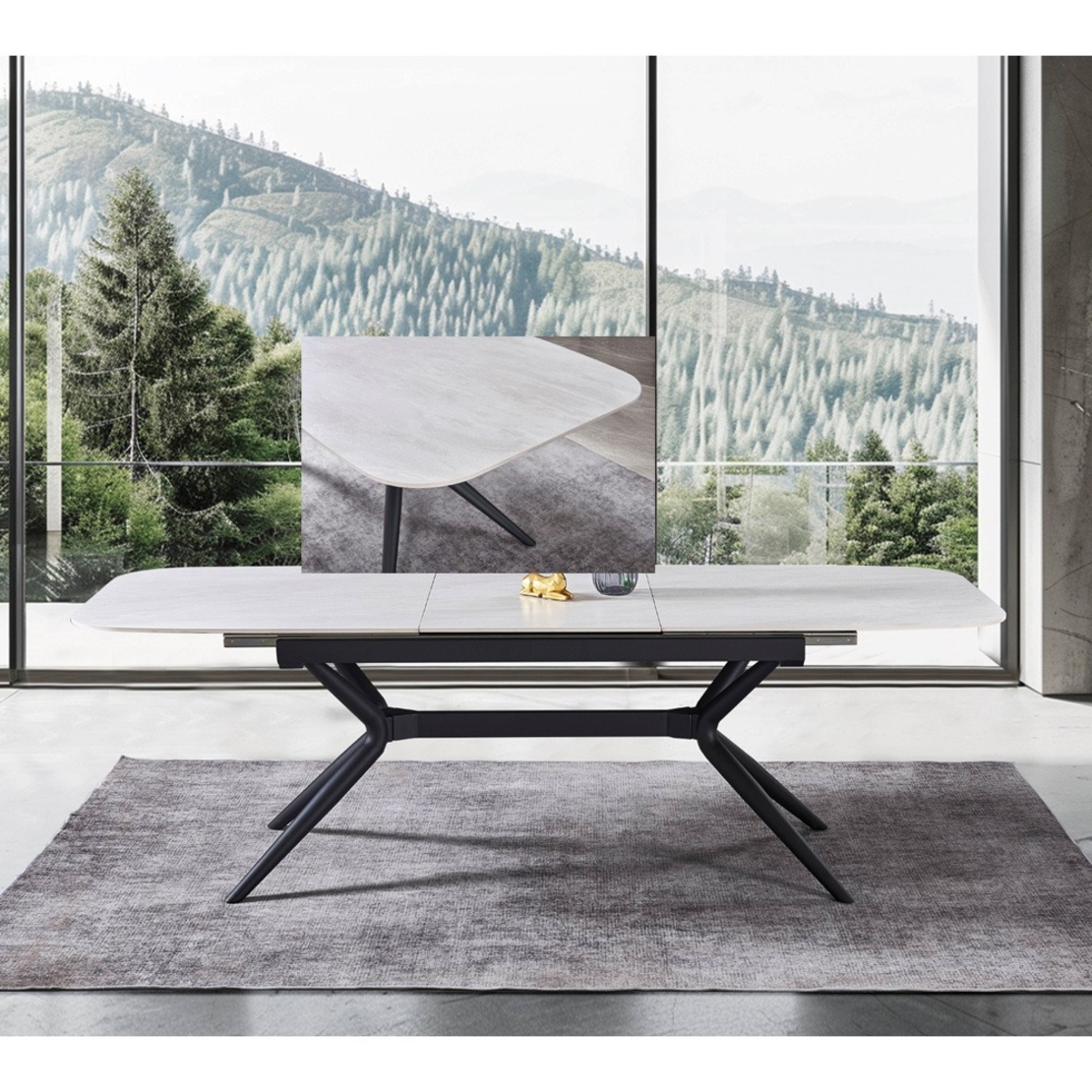 שולחן אוכל אבן קרמית באורך 1.8 מ' נפתח ל- 2.4 מ' עם רגלי ברזל דגם חץ סהרה