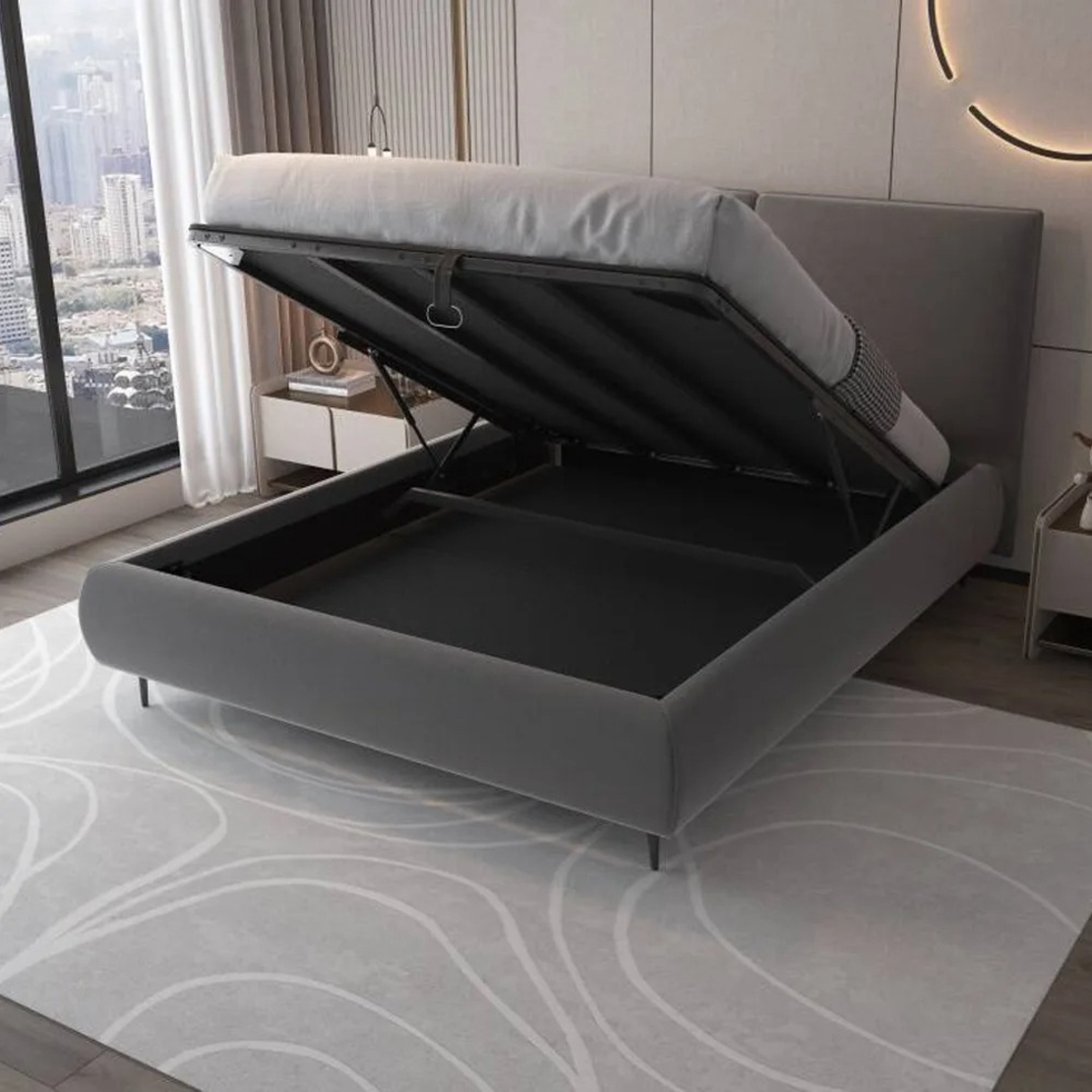 מיטה זוגית מעוצבת ריפוד בד קטיפתי עם ארגז מצעים מעץ דגם מליסה אפור