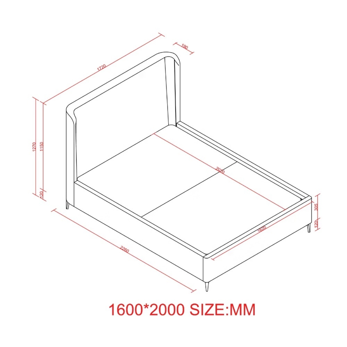 מיטה זוגית מעוצבת ריפוד בד בוקלה עם ארגז מצעים מעץ דגם בובה אפור בהיר