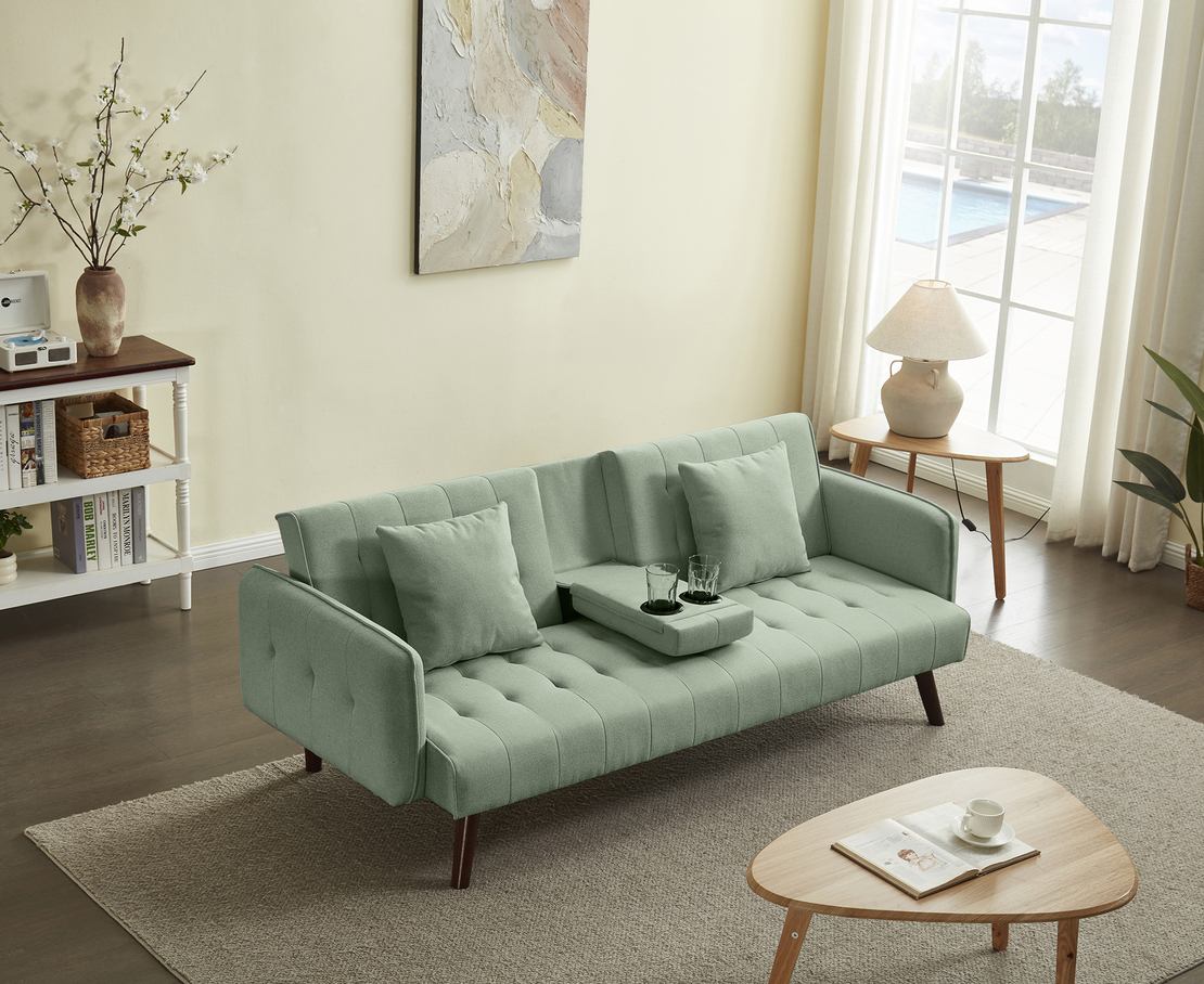 ספה נפתחת למיטה כולל בר כוסות דגם סיקסטיז ירוק