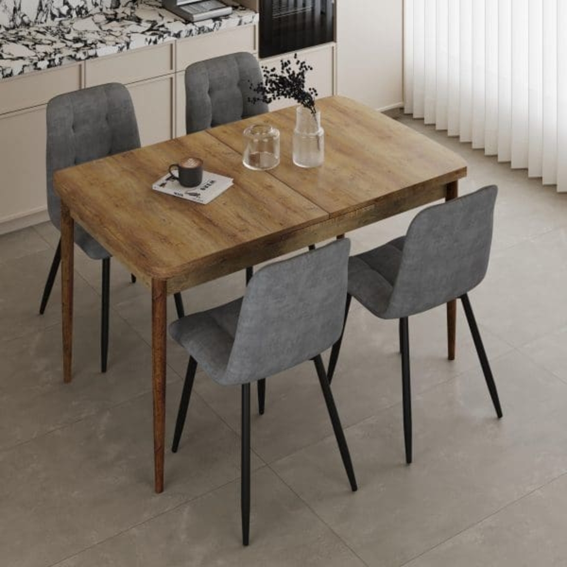 פינת אוכל מלבנית נפתחת מעץ איכותי כולל 4 כסאות דגם מלטה